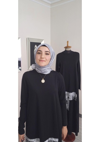 Siyah Beyaz Parça Detaylı Bambu Elbise