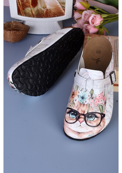 8042 Tatlı Kedi Desenli Baskılı Sabo Terlik