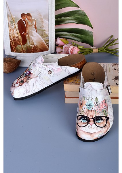 8042 Tatlı Kedi Desenli Baskılı Sabo Terlik modelleri