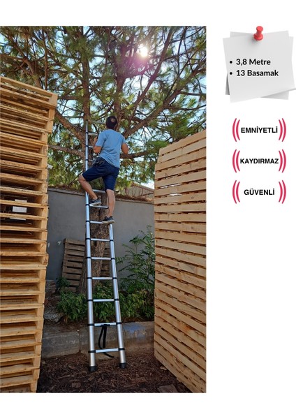 13 Basamak - 380 Cm. Kancalı Teleskobik / Teleskopik Alüminyum Merdiven - I Tipi Uzayan Merdiven