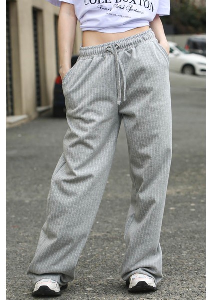 Gri Çizgili Oversize Kadın Pantolon MG1809