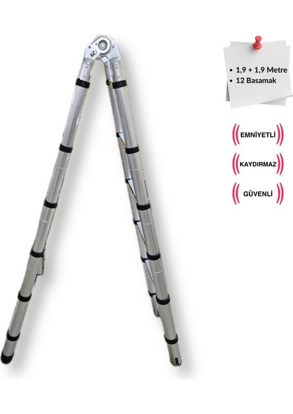 190+190 cm. - 6+6 Basamaklı A Tipi Teleskobik / Teleskopik Alüminyum Merdiven