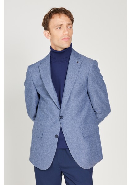 ALTINYILDIZ CLASSICS Erkek Açık Mavi Slim Fit Dar Kesim Mono Yaka Desenli Blazer Ceket
