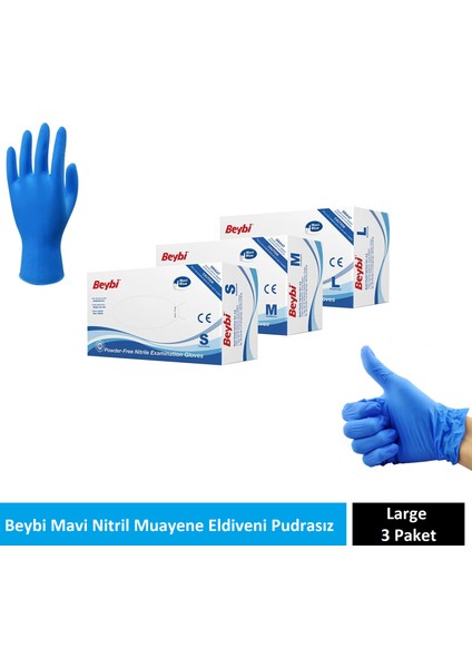 Mavi Nitril Muayene Eldiveni Pudrasız Large 3 Paket