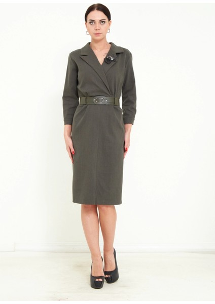 Kadın Midi Boy Truvakar Kol Kemerli Broş Aksesuarlı Şık Elbise fiyatları