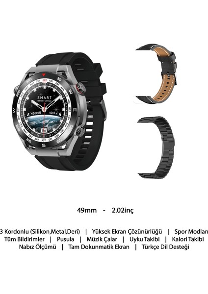 G3 Watch Ultimate Akıllı Saat Tüm Telefonlarla Uyumlu Akıllı Saat 49MM 2.02INÇ Akıllı Saat 3 Kordonlu Akıllı Saat Kalp Ritmi Adımsayar Akıllı Saat Metal Deri Silikon Kordonlu Akıllı Saat