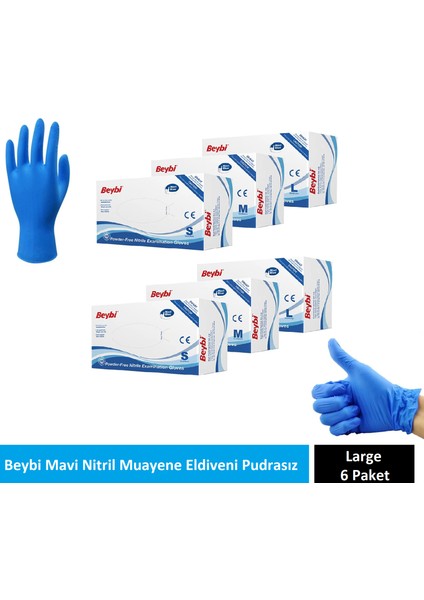 Mavi Nitril Muayene Eldiveni Pudrasız Large 6 Paket