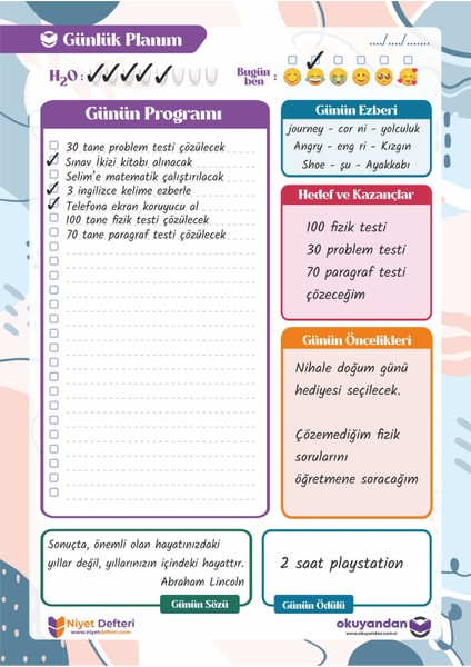 Günlük Planlayıcı - Daily Planner - Ders Çalışma Planlayıcı - Planlama Defteri