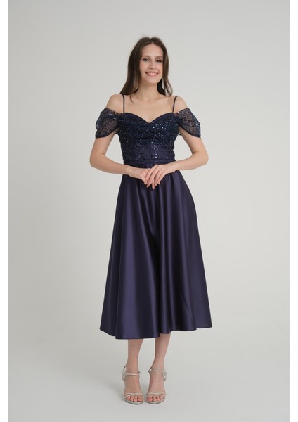 Düşük Kol Lacivert Midi Boy Abiye Elbise