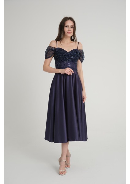 Düşük Kol Lacivert Midi Boy Abiye Elbise