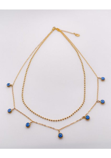 Çelik Kolye Çift Zincirli Nazar Boncuklu Kolye