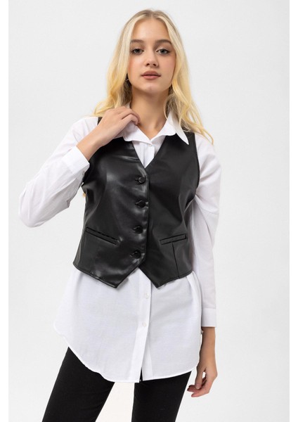 Kadın Düğme Kapamalı Deri Yelek fiyatları