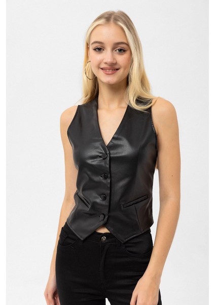 Kadın Düğme Kapamalı Deri Yelek modelleri