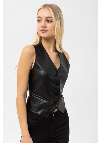Kadın Düğme Kapamalı Deri Yelek fırsatları