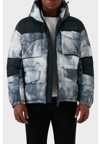 Desenli Kapüşonlu Dolgulu Şişme Mont Erkek Mont 6RZK30 Znkrz 21CS