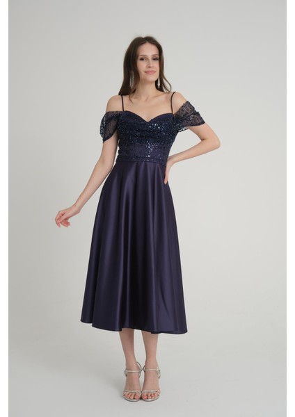 Düşük Kol Lacivert Midi Boy Abiye Elbise