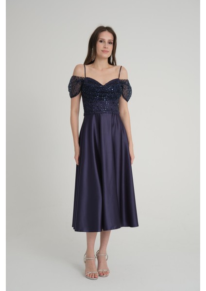 Düşük Kol Lacivert Midi Boy Abiye Elbise fiyatları