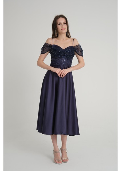 Düşük Kol Lacivert Midi Boy Abiye Elbise modelleri