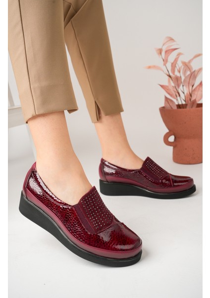 Kadın Hakiki Deri Bordo Petek Rugan Ortopedik Taban Ayakkabı