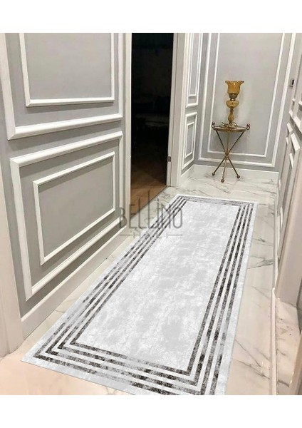 Bellino Halı Yıkanabilir Halı Kaymaz Taban Bambu Halı Pamuk Taban Kilim Eskitme Gri Çerçeveli Salon Halısı ve Yolluk