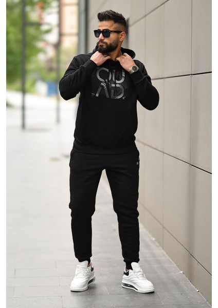 Erkek Kapuşonlu Kanguru Cepli Sweatshirt 88010 Siyah