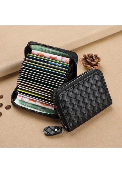Ince Dokuma Deri Cüzdan Erkek Kartvizitlik Kadının Kredi Kartı Çantası Unisex Moda Trendi Fermuarlı Notecase Değişim Çanta (Yurt Dışından) modelleri
