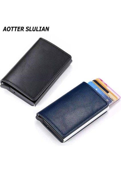 Erkekler Akıllı Cüzdan Rfid Güvenli Anti-Hırsızlık Tutucu Kadın Küçük Çanta Banka Kımlık Kartı Sahibi Metal Ince Kılıf Siyah Pu Deri Kart Klipsi Çanta (Yurt Dışından)