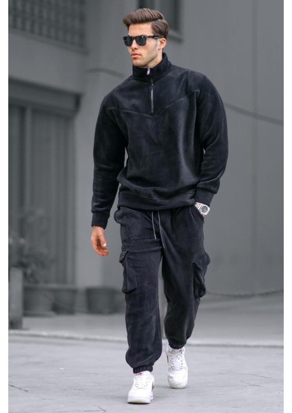 Siyah Fermuar Yaka Polar Erkek Eşofman Takımı 5931