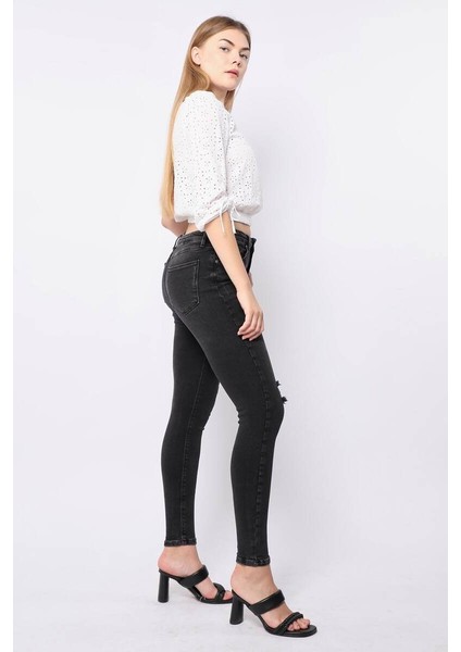 Kadın Antrasit Dizi Yırtık Süper Skinny Fit Jean Pantolon