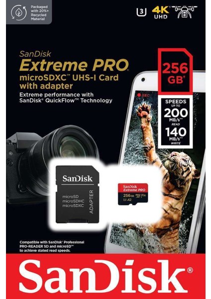 SanDisk Extreme Pro 256GB 200/140MB/s microSDXC UHS-I A2 V30 Adaptörlü Hafıza Kartı SDSQXCD-256G-GN6MA