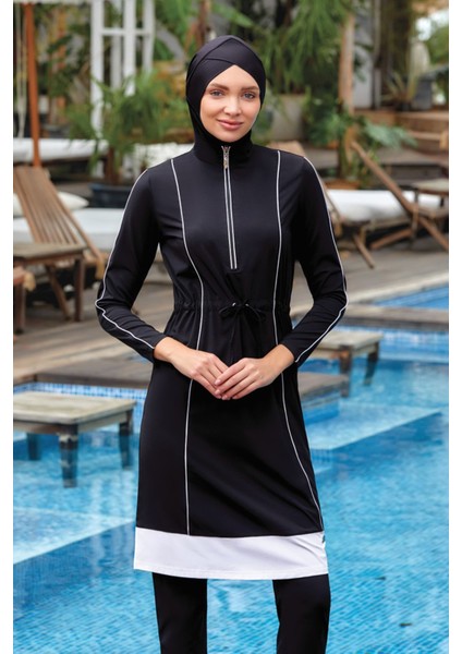 Likralı Tam Kapalı Tesettür Mayo Nıca 4372 Siyah Remsa Mayo