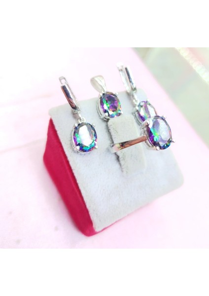 Mistik Topaz Taşlı Oval Kolye Küpe Yüzük Gümüş Set Takım