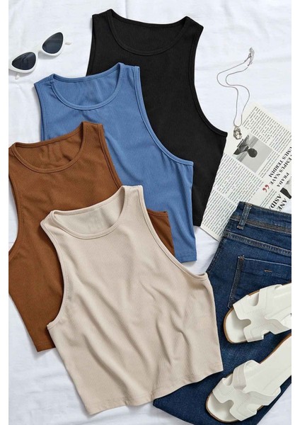 4'lü Paket 4 Renk Takım Kadın Kolsuz Örme Kumaş Bluz Crop