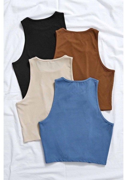 4'lü Paket 4 Renk Takım Kadın Kolsuz Örme Kumaş Bluz Crop