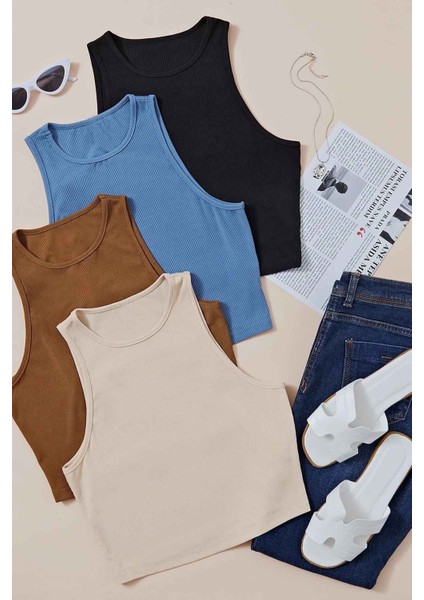 4'lü Paket 4 Renk Takım Kadın Kolsuz Örme Kumaş Bluz Crop