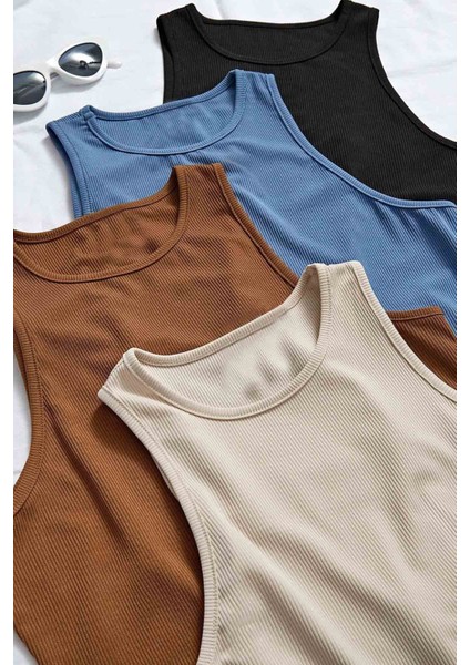 4'lü Paket 4 Renk Takım Kadın Kolsuz Örme Kumaş Bluz Crop