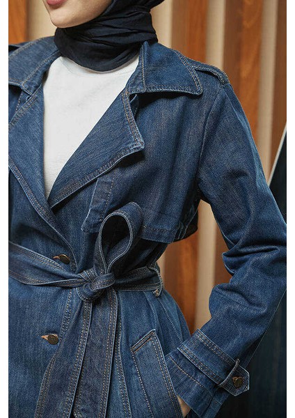 6458-ALLERLI Denim Trençkot Koyu Mavi