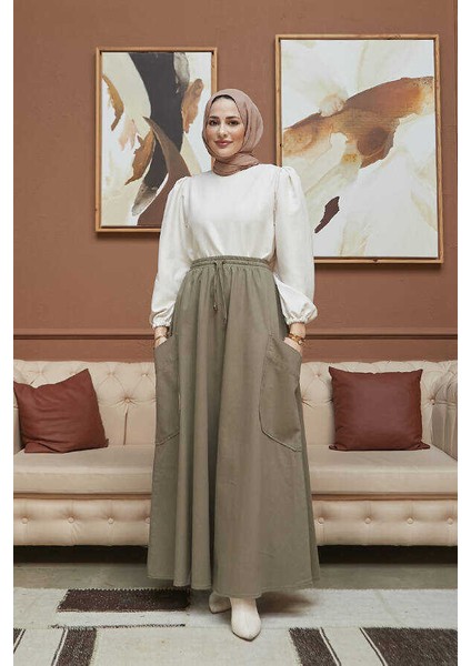 2277-GABARDIN Yancepli Mevlana Lastikli Etek Haki