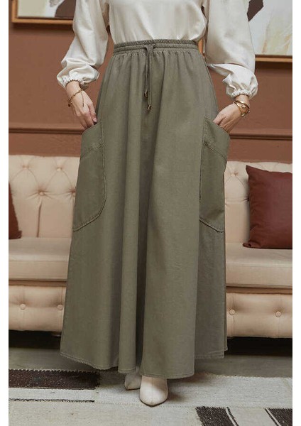2277-GABARDIN Yancepli Mevlana Lastikli Etek Haki modelleri