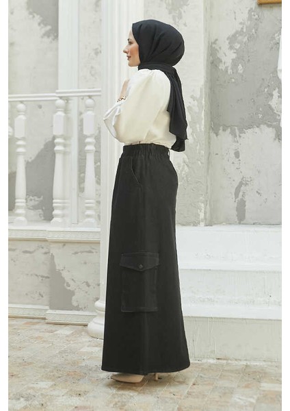 2285-DENIM Yan Cepli Etek Siyah fiyatları