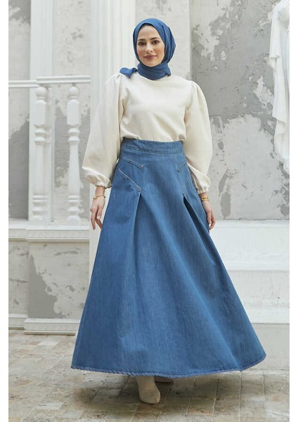 2284 - Denim Pileli Mevlana Etek Koyu Mavi