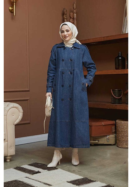 Denim Ceket Kadın Koyu Mavi Süs Pileli Coton Kumaş ile