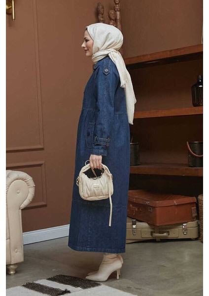 Denim Ceket Kadın Koyu Mavi Süs Pileli Coton Kumaş ile fiyatları