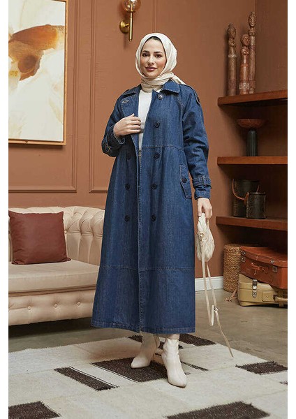 Denim Ceket Kadın Koyu Mavi Süs Pileli Coton Kumaş ile modelleri