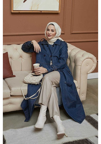 Denim Ceket Kadın Koyu Mavi Süs Pileli Coton Kumaş ile fırsatları