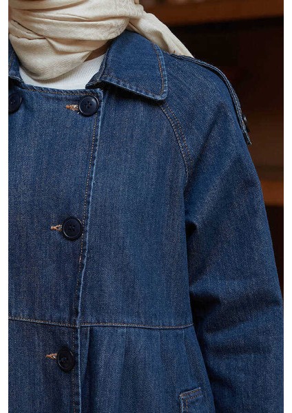 Denim Ceket Kadın Koyu Mavi Süs Pileli Coton Kumaş ile indirimleri