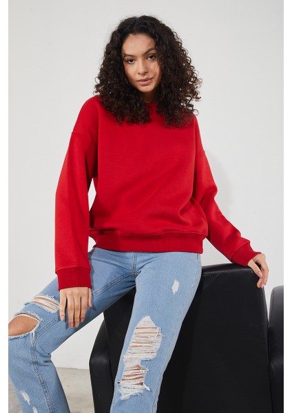 Kadın Bisiklet Yaka Uzun Kollu Basic 3 Iplik Şardonlu Sweatshirt