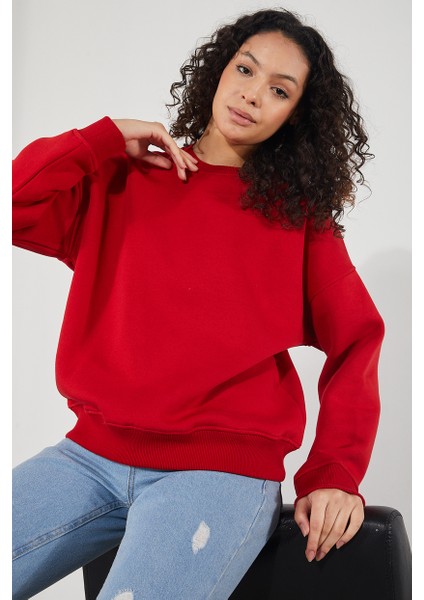 Kadın Bisiklet Yaka Uzun Kollu Basic 3 Iplik Şardonlu Sweatshirt fırsatları