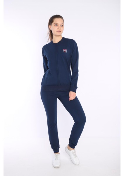 Kadın Açık Lacivert İki İplik Dikiş Detaylı Uzun Kol Sweatshirt Eşofman Takım - 7643