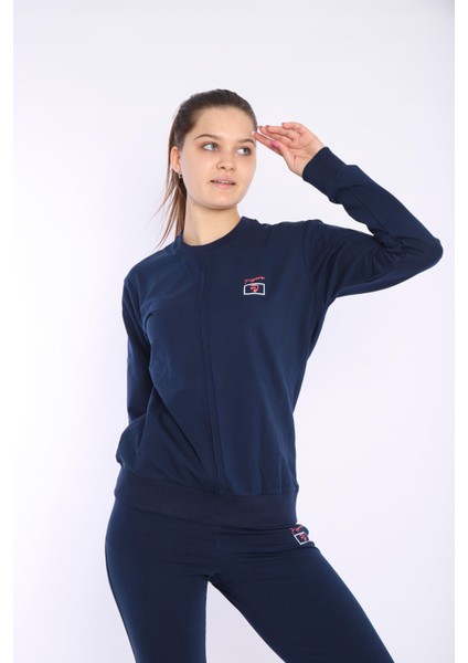 Kadın Açık Lacivert İki İplik Dikiş Detaylı Uzun Kol Sweatshirt Eşofman Takım - 7643